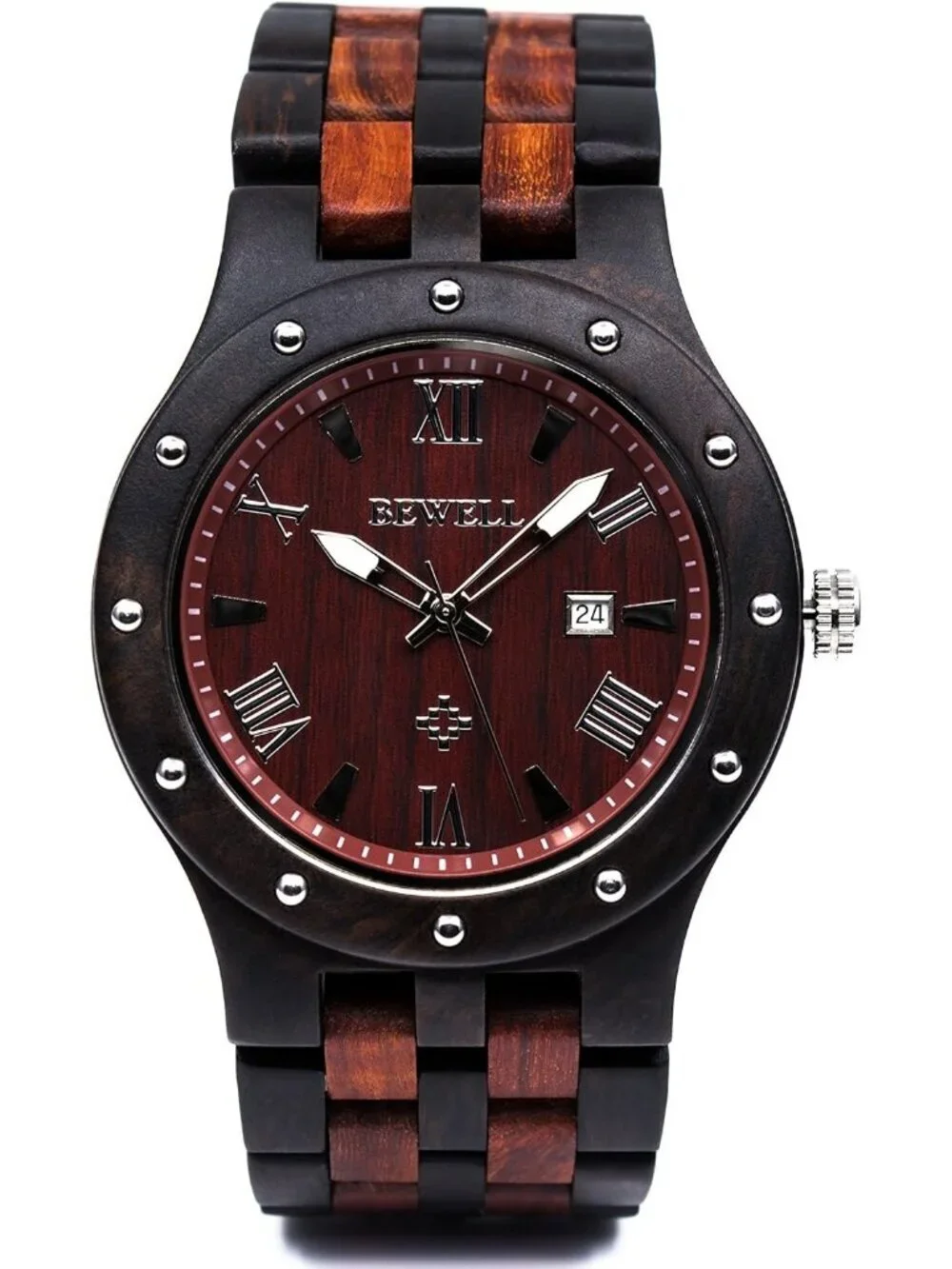 Men's Black Red Handmade Date Display Analog Quartz Luminous Wrist Wooden Watch